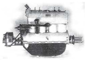 In the place where the steering wheel was placed the propeller and in the front-now rear exit, go the pulley for the water pump and the magnet. They are 50 HP at about 2000 rpm. The engine is lightened with changed pieces of ferric material to aluminum.