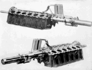 Two views of a Hispano Suiza V-12 with a Puteaux cannon