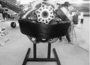 Front view with formidable propeller hub and water radiator