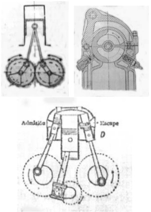 Connected crankshafts, rotary valves and piston