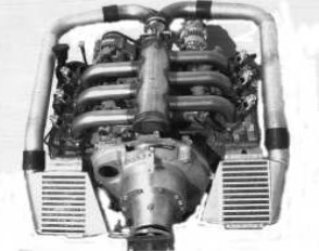 Subaru six-cylinder twin-turbo engine, top front view