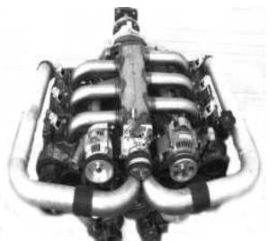 A Subaru six-cylinder twin-turbo engine, top rear view